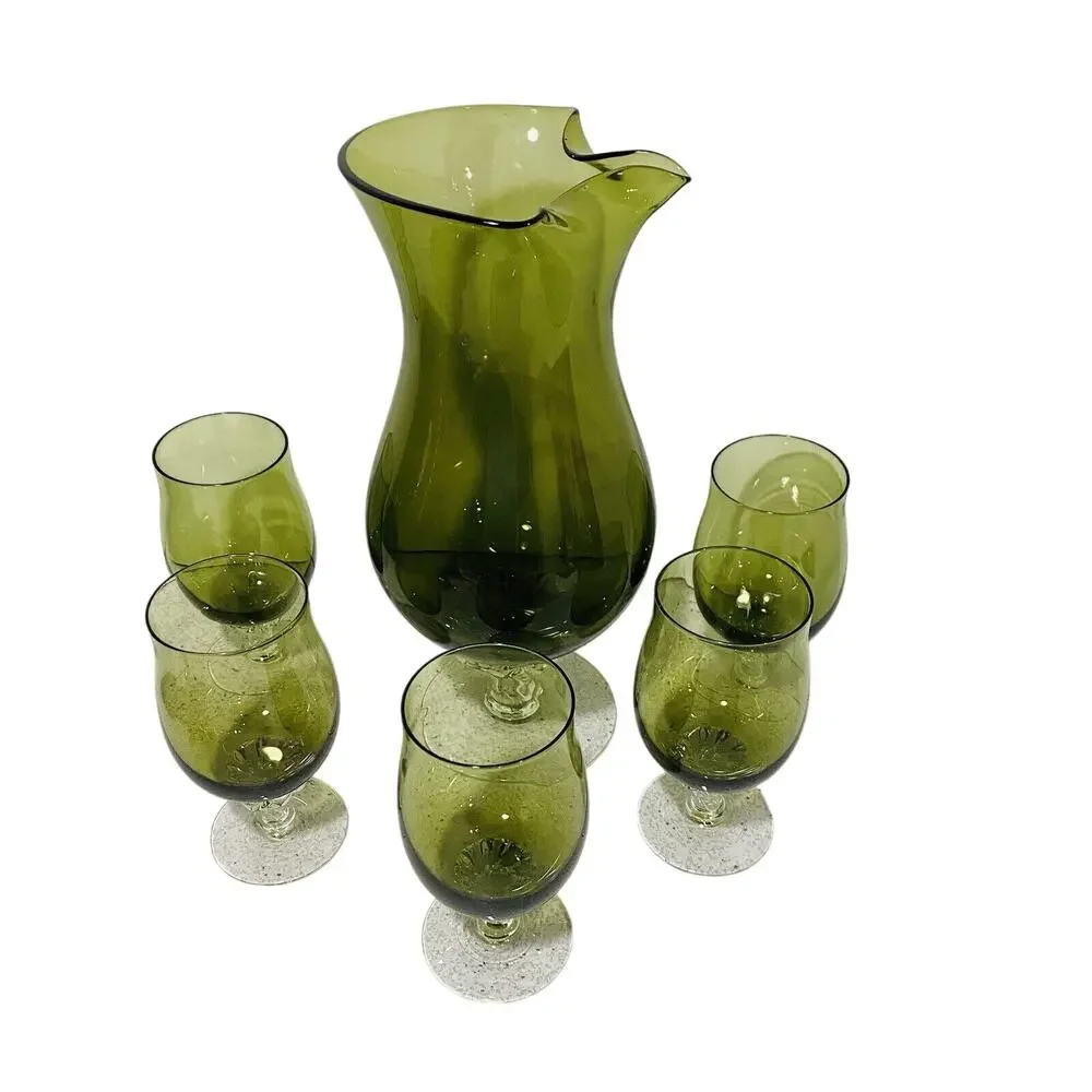 Vintage Sasaki Cocktail Set Green Art Glass Pitcher Decanter & 5 Wine Glasses